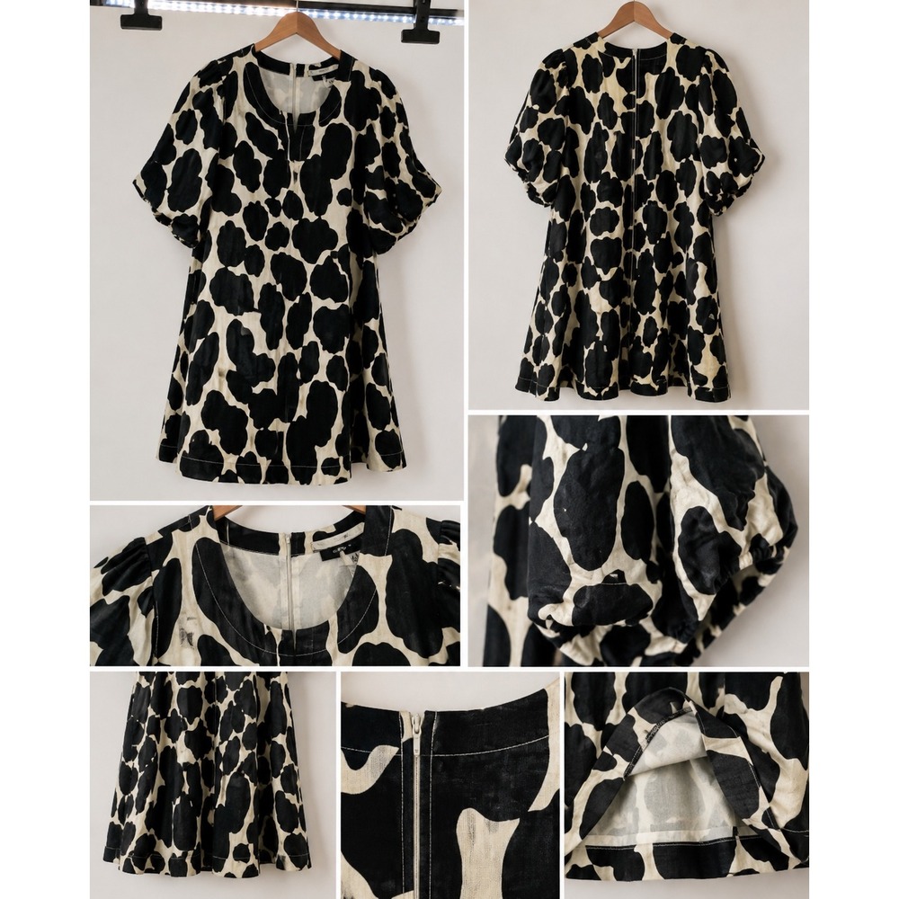 Umgee Womens Black Cream Abstract Cow Print Puff Sleeve Mini Dress Large C4399